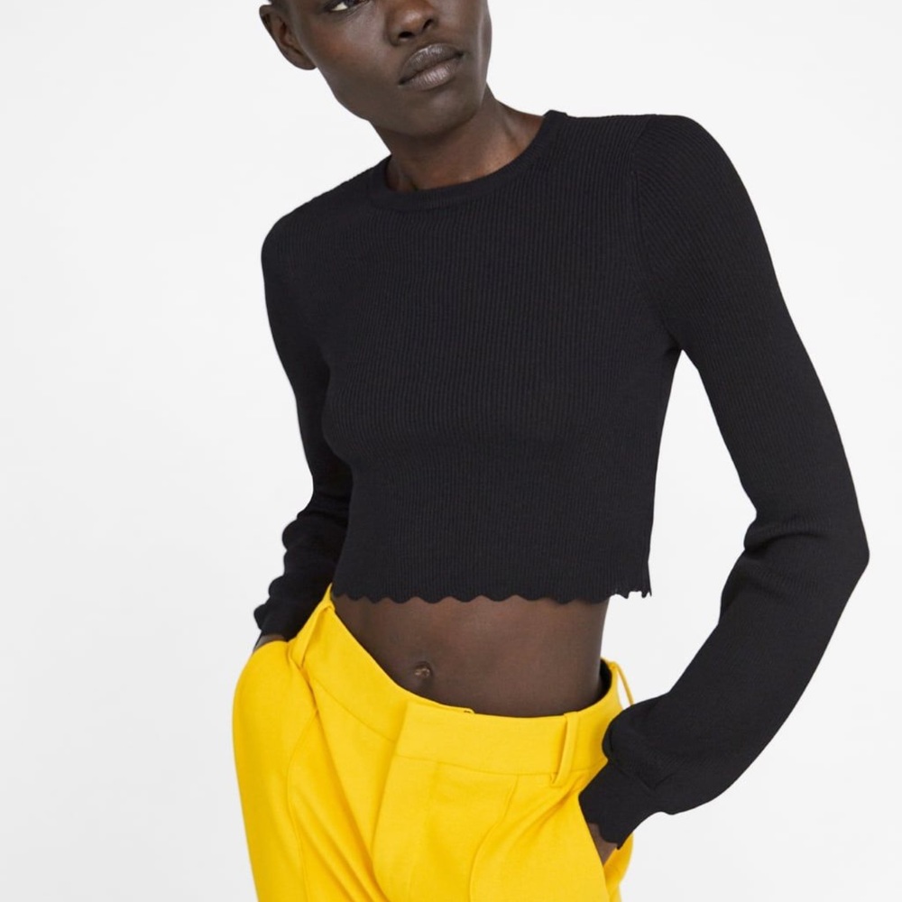 Zara black long sleeve scallop hem crop top